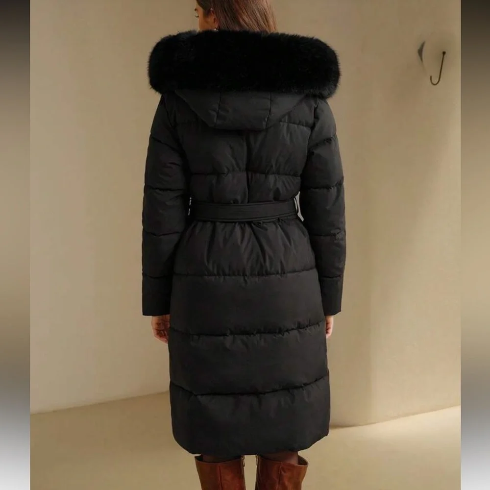 Faux fur lined hooded quilted puffer jacket long full length coat belted black - Picture 3 of 13